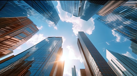 Low angle shot of modern glass city buildings and skyscrapers, generated by AIの素材