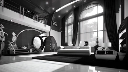 Monochrome living room captured from a low angle, generated by AIの素材