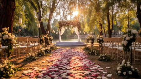 Beautiful wedding ceremony decoration photo in the garden, generated by AIの素材