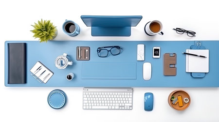 Blue desk office with work equipment, AI generativeの素材