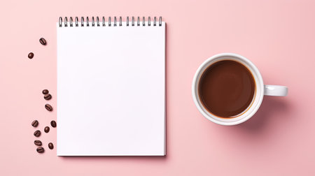 Empty notebook with coffee against a pastel background, AI generativeの素材