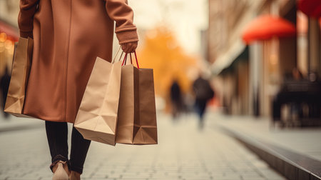 Close up of a woman carrying bags on the street, ai generativeの素材