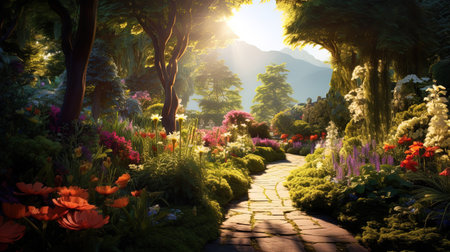 Beautiful garden with sunlight, ai generativeの素材