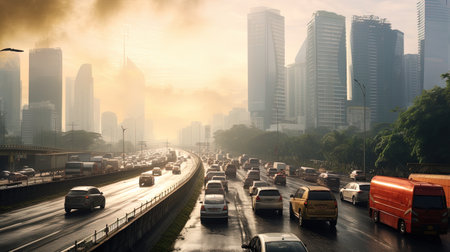 Jakarta street with moving vehicles in the morning, ai generativeの素材