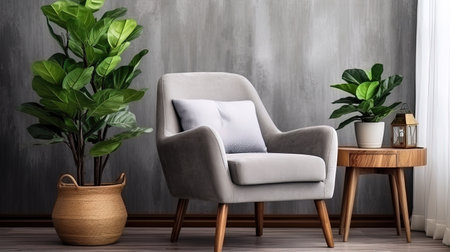 A simple interior design with gray chairs and flower pots, ai generativeの素材