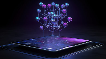 Tablet with blockchain background, ai generativeの素材