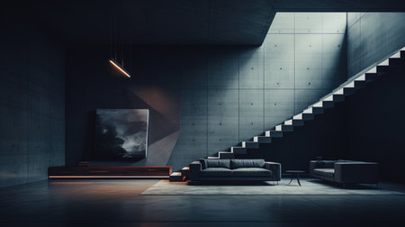 Dark grey living room with minimalist staircase, ai generativeの素材