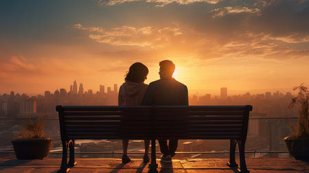A young couple in love sitting on a bench, ai generativeの素材