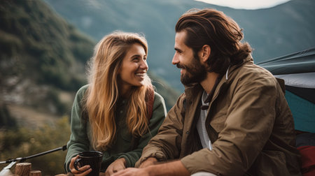 A happy young couple enjoying morning coffee while camping in the mountains, ai generativeの素材