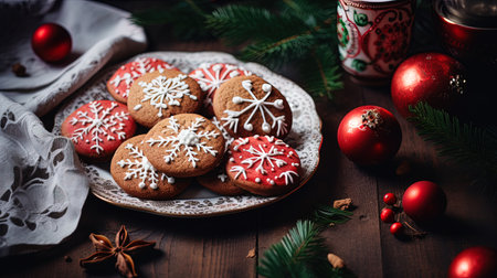 Cookies on the table with Christmas ornaments, ai generativeの素材