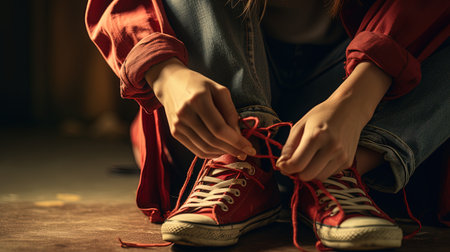A close up portrait of a woman tying shoelaces, ai generativeの素材