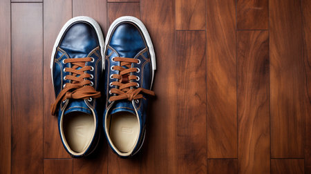 Blue shoes on the wooden floor, ai generativeの素材