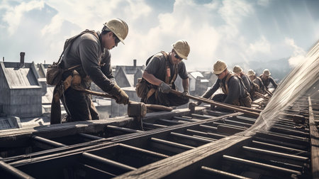 Roofers work together with helmets, ai generativeの素材