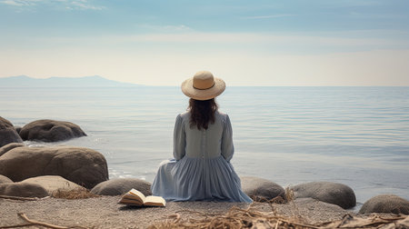 The back view of a woman sitting and reading a book with a sea view, ai generativeの素材