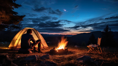 A camper lights a campfire near the tent, ai generativeの素材