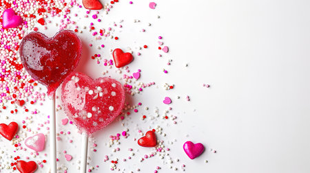 Heart shaped lollipops and confetti on white background, ai generativeの素材
