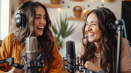 Selective focus of smiling young women in headphones singing in recording studio, ai generativeの素材