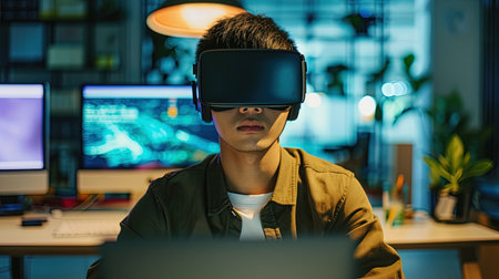 Young asian man wearing virtual reality headset and using laptop at home, ai generativeの素材