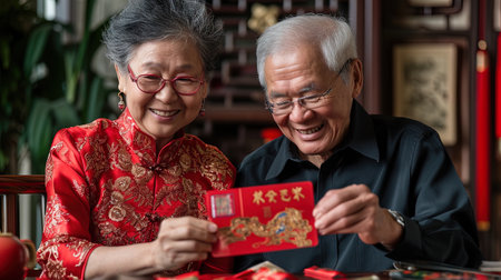 Happy asian senior couple celebrate chinese new year with red envelopes, ai generativeの素材