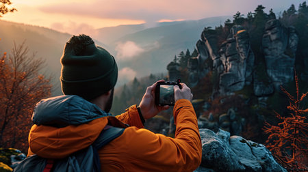 Man taking photo with smartphone on top of a mountain at sunset, ai generativeの素材