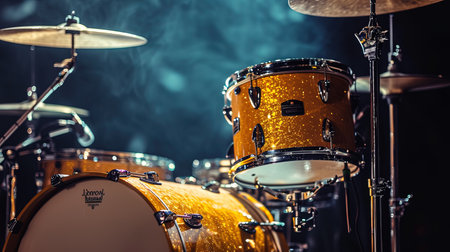 Drum set on stage, musical instruments background. AI generativeの素材