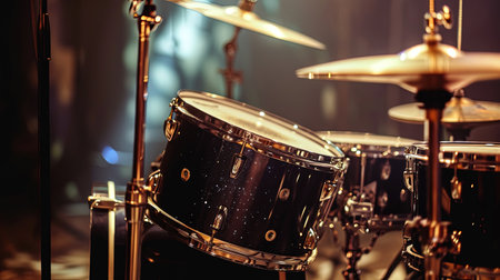 Drum set on stage, musical instruments background. AI generativeの素材