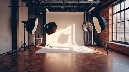 Interior of a modern photo studio with lighting equipment, ai generativeの素材