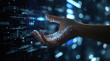 3d rendering robot hand touching virtual screen with future technology concept on dark background, ai generativeの素材