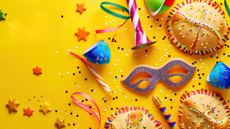 Carnival masks and knick knacks on yellow background, ai generativeの素材