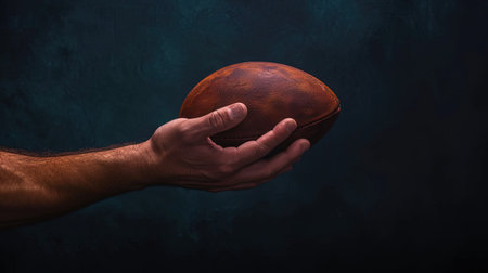 American football player holding a ball in his hand, on dark background. AI generativeの素材