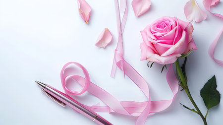 Pink rose and ribbon on white background. Top view with copy space, ai generativeの素材