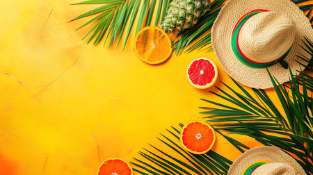 Flat lay of straw hat, sunglasses and flowers on yellow background. Ai generativeの素材