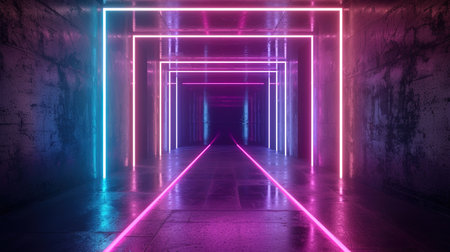 3D abstract background with neon lights. neon tunnel, ai generativeの素材
