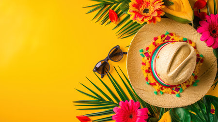 Flat lay of straw hat, sunglasses and flowers on yellow background. Ai generativeの素材