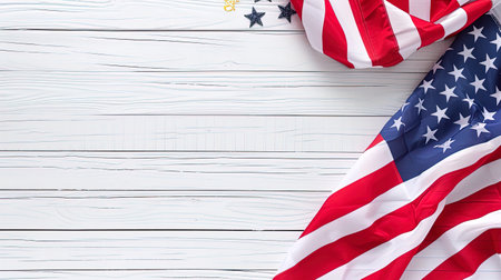 American flag on white wooden background. Top view with copy space, ai generativeの素材