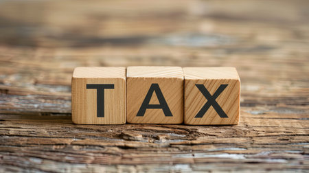 Tax word on wooden cube block on wood background, ai generativeの素材