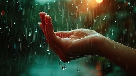 Close up of woman hands with water drops flowing on her palms, ai generativeの素材