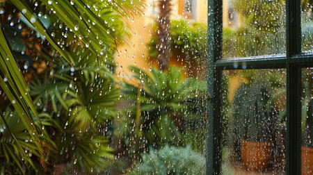 Rain drops falling on the window in the garden, ai generativeの素材