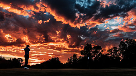 Golf players playing golf on a golf course in the evening, ai generativeの素材