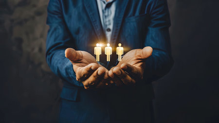 Businessman holding a group of people in his hands on dark background, ai generativeの素材