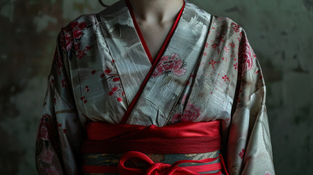 Japanese woman wearing a kimono with a red ribbon in her hand, ai generativeの素材