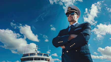 Portrait of a confident pilot on the background of the ship, ai generativeの素材