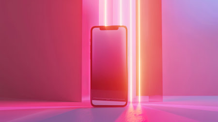 Smartphone with neon light in bright room. 3D Rendering, ai generativeの素材