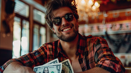 Handsome young man in checkered shirt and sunglasses sitting in a pub and holding dollars, ai generativeの素材