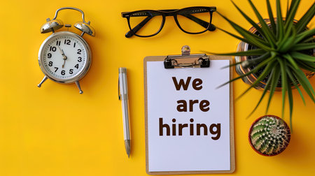We are hiring text on paper with alarm clock, cactus and glasses on yellow background. AI generativeの素材