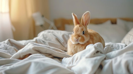 Cute little rabbit on bed at home. Easter holiday concept, ai generativeの素材