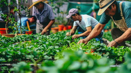 Farming concept with people scene, Farmer gardening and growing plants, cultivating and watering seedlingの素材