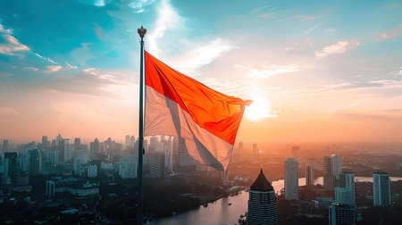 Indonesian flag waving in the wind with a cityscape in the background during a beautiful sunsetの素材