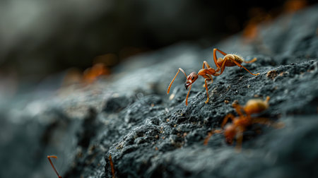 Red ant is walking on dark grey stone with other ants blurred in the backgroundの素材