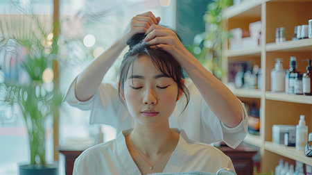 Hairdresser styling a young woman's hair in a bun at a hair salonの素材
